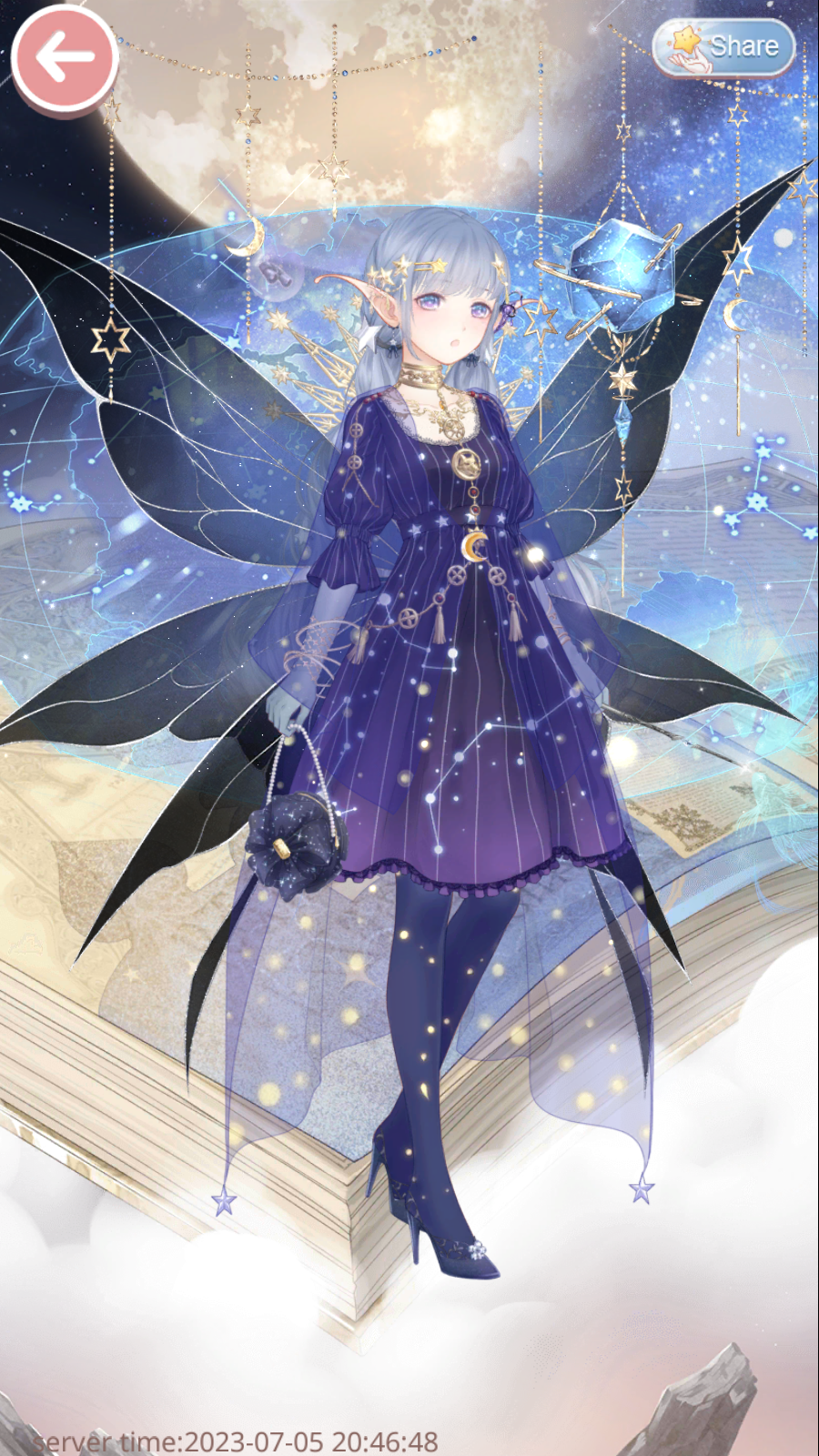 A screenshot from the mobile game Love Nikki. The avator is dressed in magical looking dress with fairy wings. The outfit is galaxy themed mainly dark purple and glitter.